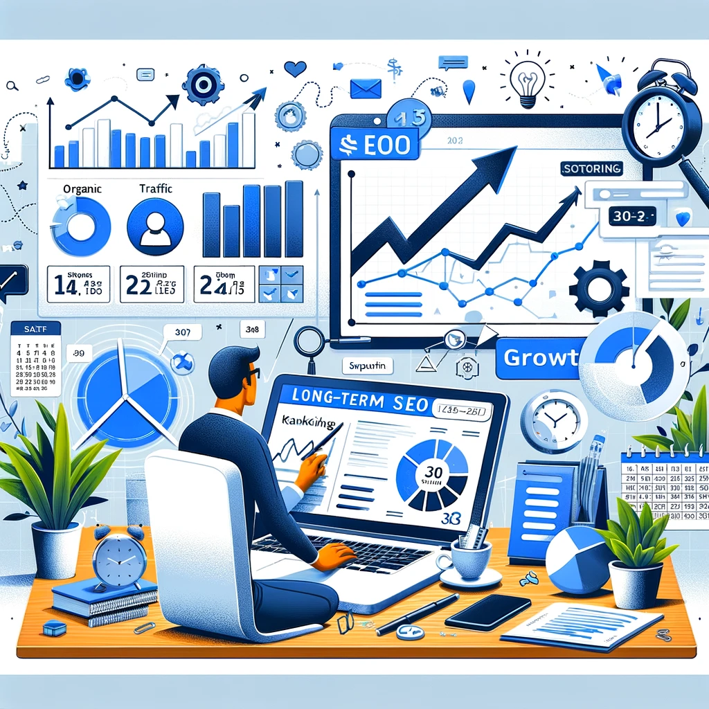 An illustration of a long-term SEO strategy. The image shows a business owner planning on a whiteboard, with charts and graphs indicating growth over time. The laptop screen displays an SEO dashboard with metrics like organic traffic, keyword rankings, and backlinks. Elements such as a calendar, clock, and a growth timeline highlight the long-term aspect. The background includes symbols of steady progress and sustainability, such as a growing plant and upward arrows.