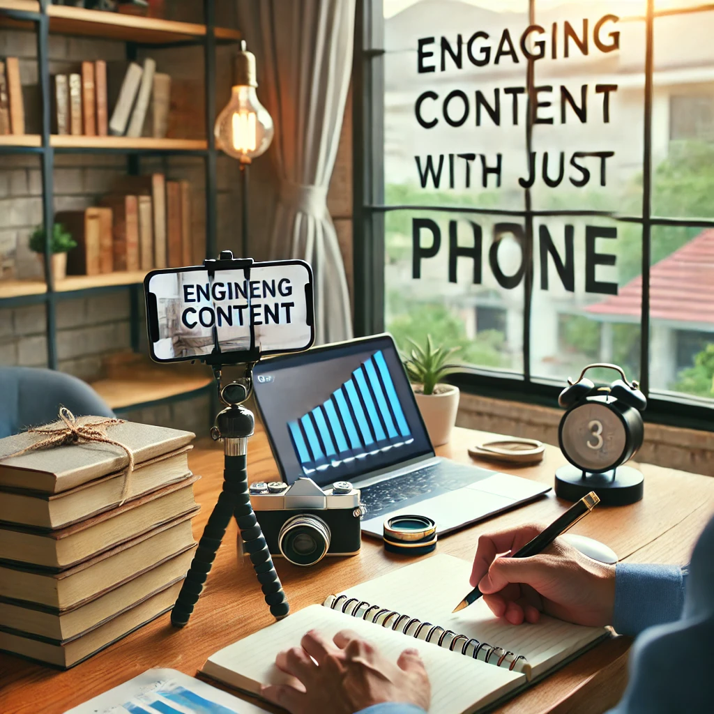 desk showing a camera laptop and phone and a man writing content ideas