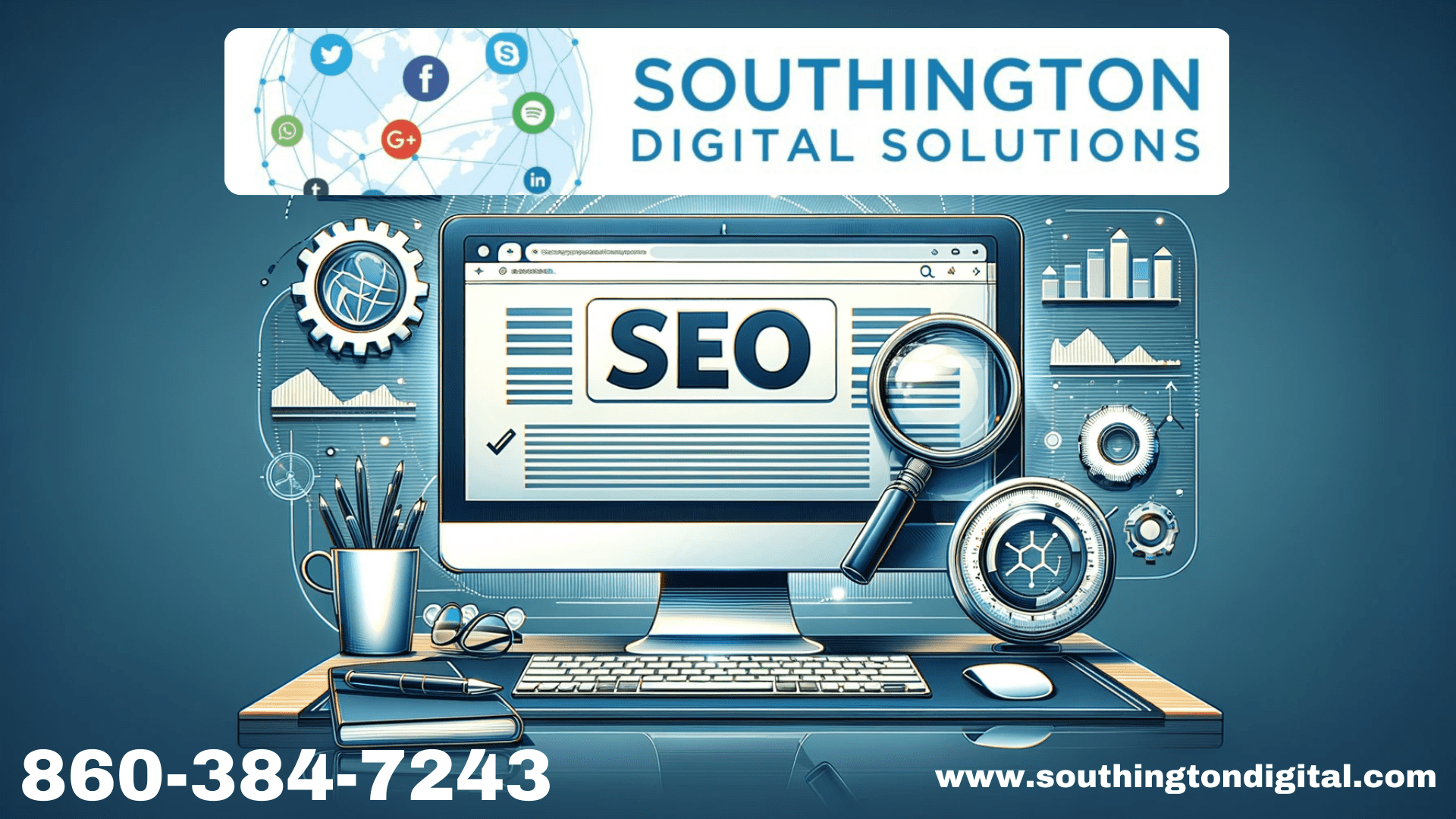 Imjage of a computer with the words seo on it and a logo of Southington Digital Solutions